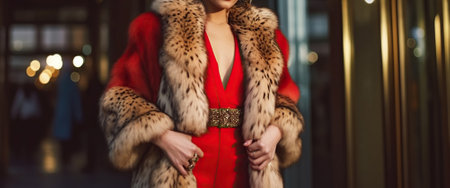A Fashionable Woman Posing in a Glamorous Fur Coat and Exquisite Red Attire. Generative AIの素材