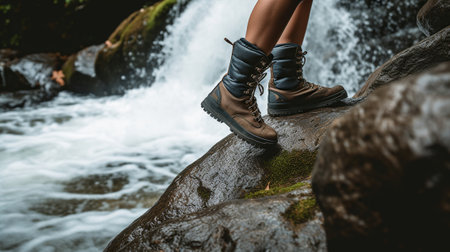 Footsteps of Adventure, A close-up of a hiker's trekking shoes, Conquer Majestic Mountains and Water Cascade through Natures Delight. Generative AIの素材
