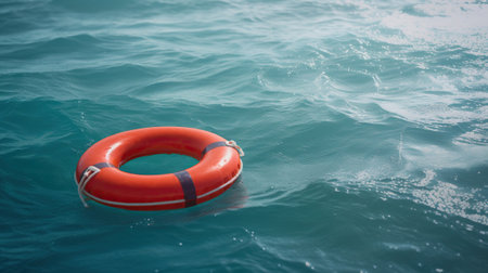 A red lifebuoy floats on the waves of the turquoise sea. Generative AIの素材