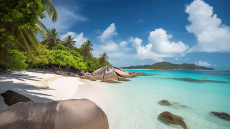Paradise beach of a tropical island, palm trees, white sand, azure water. Famous stone beach. Generative AIの素材