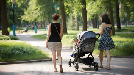 Two young mothers pushing strollers in summer park. Women in the park walking with strollers, Generative AIの素材