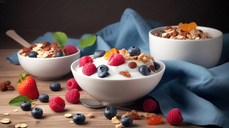 Fresh milk or yogurt bowl of cereal flakes, dried nuts and berries fruits cold naturiouse breakfast. Generative AIの素材