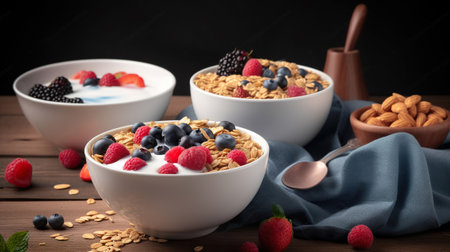 Fresh milk or yogurt bowl of cereal flakes, dried nuts and berries fruits. Generative AIの素材