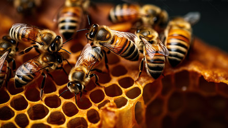 Closeup of bees on honeycomb in apiary - selective focus, Generative AIの素材