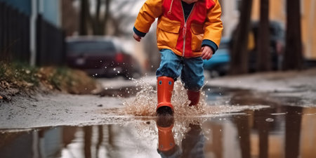 Little boy playing in puddle, Generative AIの素材