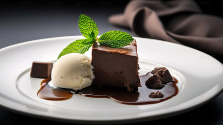 A piece of chocolate cake and ice cream on it with a mint sprig on top of the plate. Generative AIの素材