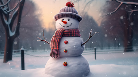 Beautiful Snowman with scarf and hat as winter snow time or new year decoration, Generative AIの素材