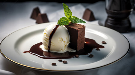 A piece of chocolate cake and ice cream on it with a mint sprig on top of the plate. Generative AIの素材