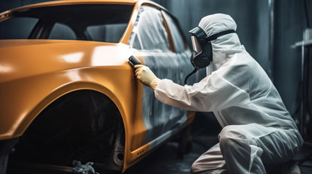 Car painter in protective clothes and mask painting a car, mechanic using a paint spray gun in a painting chamber. Paint job, car service, garage. Generative AIの素材