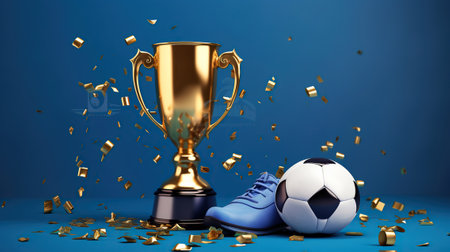 Golden cup, soccer ball and confetti on blue, in the style of realistic sculptures, luxurious interiors, Generative AIの素材
