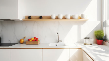 Illuminated Charm, Captivating Close-Up of a Bright Kitchen Room with White Wall. Generative AIの素材