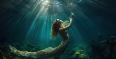 Beautiful mermaid swimming underwater. Generative AIの素材