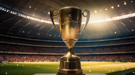 The Champion's Gold Cup Stands Tall as the Exalted Prize in the Football Stadium. Generative AIの素材
