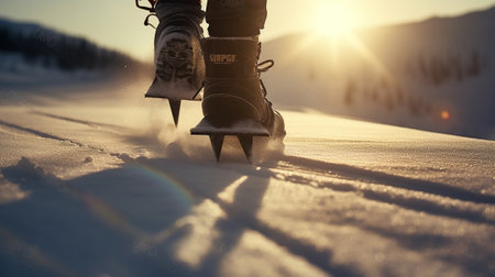 Close-up on the feet of a skier in ski boots, walking towards the sun in the snow, Generative AIの素材