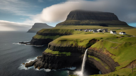 Beautiful waterfall in Gasadalur village, Vagar, Faroe Islands. Generative AIの素材