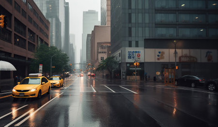 A rainy city street filled with lots of traffic and tall buildings. Generative AIの素材