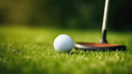 Golf ball and club on a green meadow, Generative AIの素材