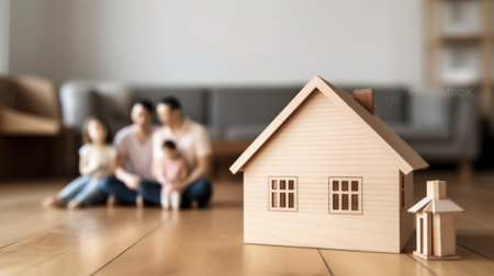 House model, family sitting on home floor, in the style of blurred, grant wood, natural materials, Generative AIの素材