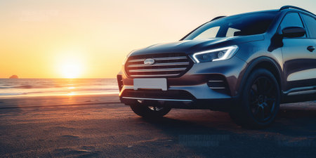 SUV car and modern design on concrete road at the sea of beautiful sunset background , Front view of luxury new SUV car. Generative AIの素材