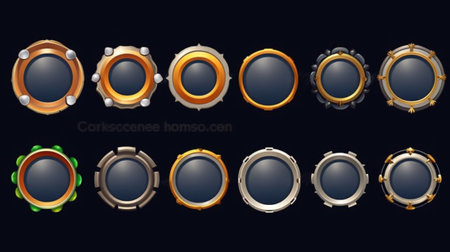 Game round interface frames. Cartoon UI circle game asset items, empty golden medieval silver textured borders for GUI design. Generative AIの素材