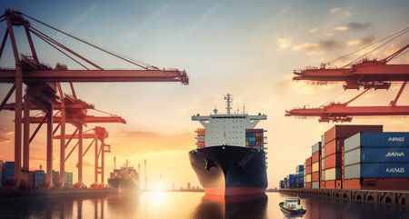 Container Cargo ship and Cargo plane working crane bridge in shipyard, logistic import export and transport industry background. Generative AIの素材