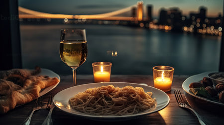 A plate of pasta and wine on a table with a view of the water and a bridge in the background with candles and a glass of wine. Generative AIの素材