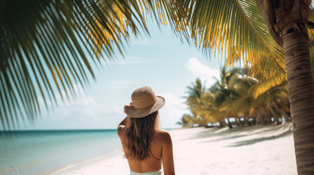 A young woman relaxes on the shore of a tropical island under coconut trees. Generative AIの素材