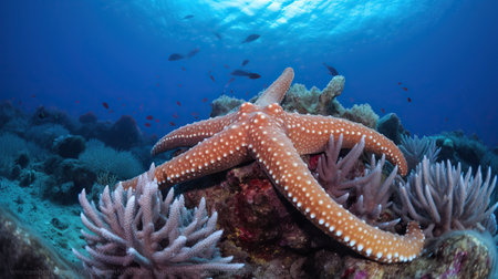 A starfish on a coral reef in the ocean with a blue background and a coral reef in the foreground. Generative AIの素材