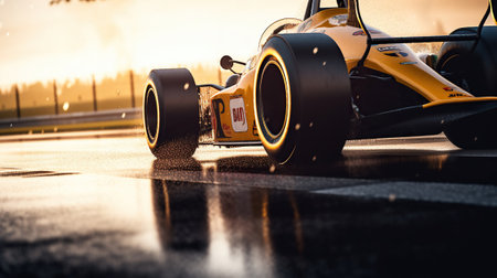 A race car driving along during sunset, rim light, low-angle, light yellow and dark white, Generative AIの素材
