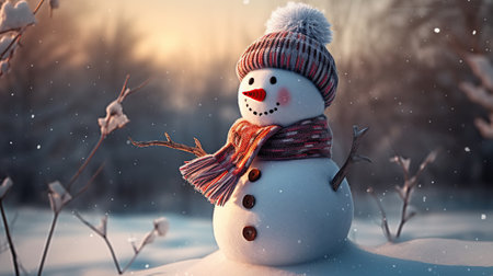Welcoming the Season, Snowman with Scarf and Hat as Festive Winter or New Year's DÃ©cor, Generative AIの素材