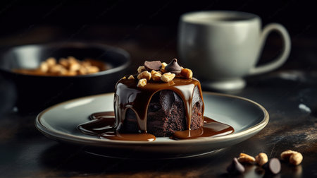 Chocolate dessert with nuts and caramel on a plate. Selective focus. Generative AIの素材