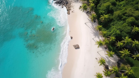 Paradise beach of a tropical island, palm trees, white sand, azure water. Famous stone beach. Generative AIの素材