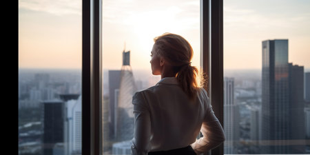 A Businesswoman's Gaze upon the Majestic Skyscrapers from Her Office, unrecognizable face. Generative AIの素材
