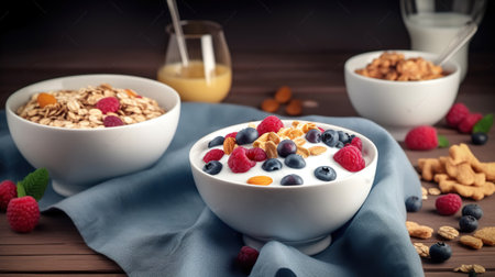 Fresh milk or yogurt bowl of cereal flakes, dried nuts and berries fruits cold naturiouse breakfast. Generative AIの素材