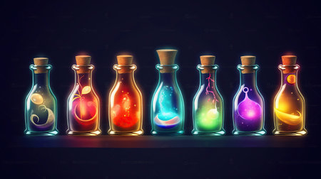 Asset Icon, Magic game bottles. Chemistry potion. Alchemy jar or vial. Poison antidote elixir with cork for laboratory. Luck and love drink. Generative AIの素材