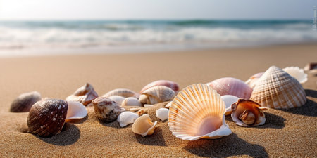 Seashells on the sand of the beautiful sea coastline. Generative AIの素材