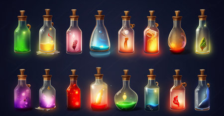 Asset Icon, Magic game bottles. Chemistry potion. Alchemy jar or vial. Poison antidote elixir with cork for laboratory. Luck and love drink. Generative AIの素材