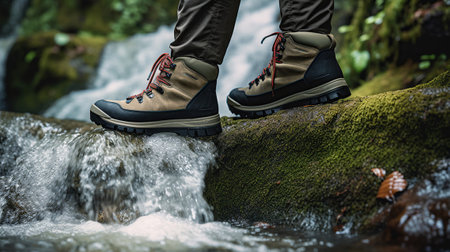 A close-up of a hiker's trekking shoes crossing a mountainous area near a waterfall, Generative AIの素材