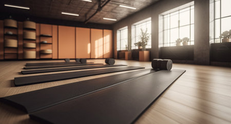 Modern yoga gym interior with unrolled yoga mats equipment, Healthy lifestyle. Generative AIの素材