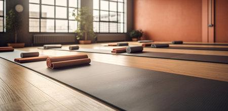 Modern yoga gym interior with unrolled yoga mats equipment , Sports gym exercises , Healthy lifestyle. Generative AIの素材