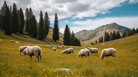 Mountain Serenity, Units with Sheep Grazing in Alpine Meadows amidst Breathtaking Scenery. Generative AIの素材