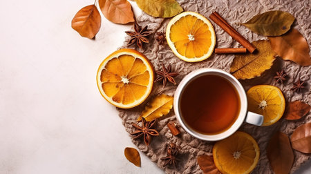 Vintage styled cup of tea with slice of lemon and autumn themed decoration, fallen leaves on textured background. Top view, flat lay, Generative AIの素材