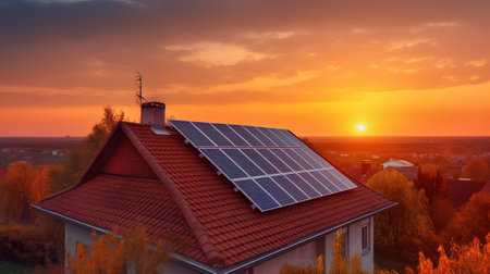 Alternative electricity source. Solar panels, photovoltaics on the red roof of a house and a beautiful sky with the setting sun. Concept of sustainable resources. Generative AIの素材