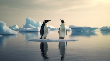Two penguins stand on melting ice in Arctic Ocean global warming concept, world global planet climate change. Generative AIの素材