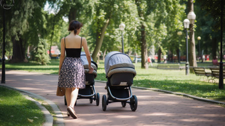 Two young mothers pushing strollers in summer park. Women in the park walking with strollers, Generative AIの素材