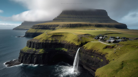 Beautiful waterfall in Gasadalur village, Vagar, Faroe Islands. Generative AIの素材