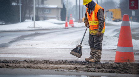 Frozen Ground, Unyielding Spirit, Road Worker Braving Winter with Jackhammer. Generative AIの素材