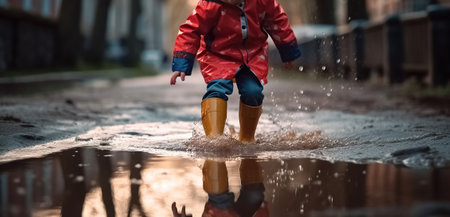 Little boy playing in puddle, Generative AIの素材