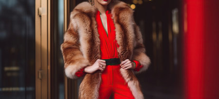 A Fashionable Woman Exuding Confidence in a Fur Coat and Stunning Red Attire. Generative AIの素材