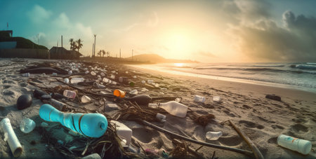 Beach full of garbage and plastic waste. Generative AIの素材